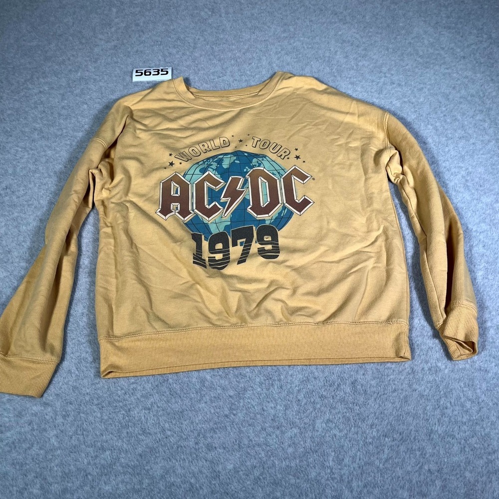 AC/DC Sweatshirt Women Small Yellow Crew Neck 1979 World Tour Graphic Print